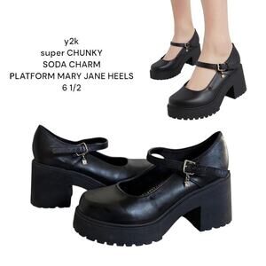 Y2K SUPER chunky Black Mary Jane‎ Platform Charm Sandals Heels 6.5.